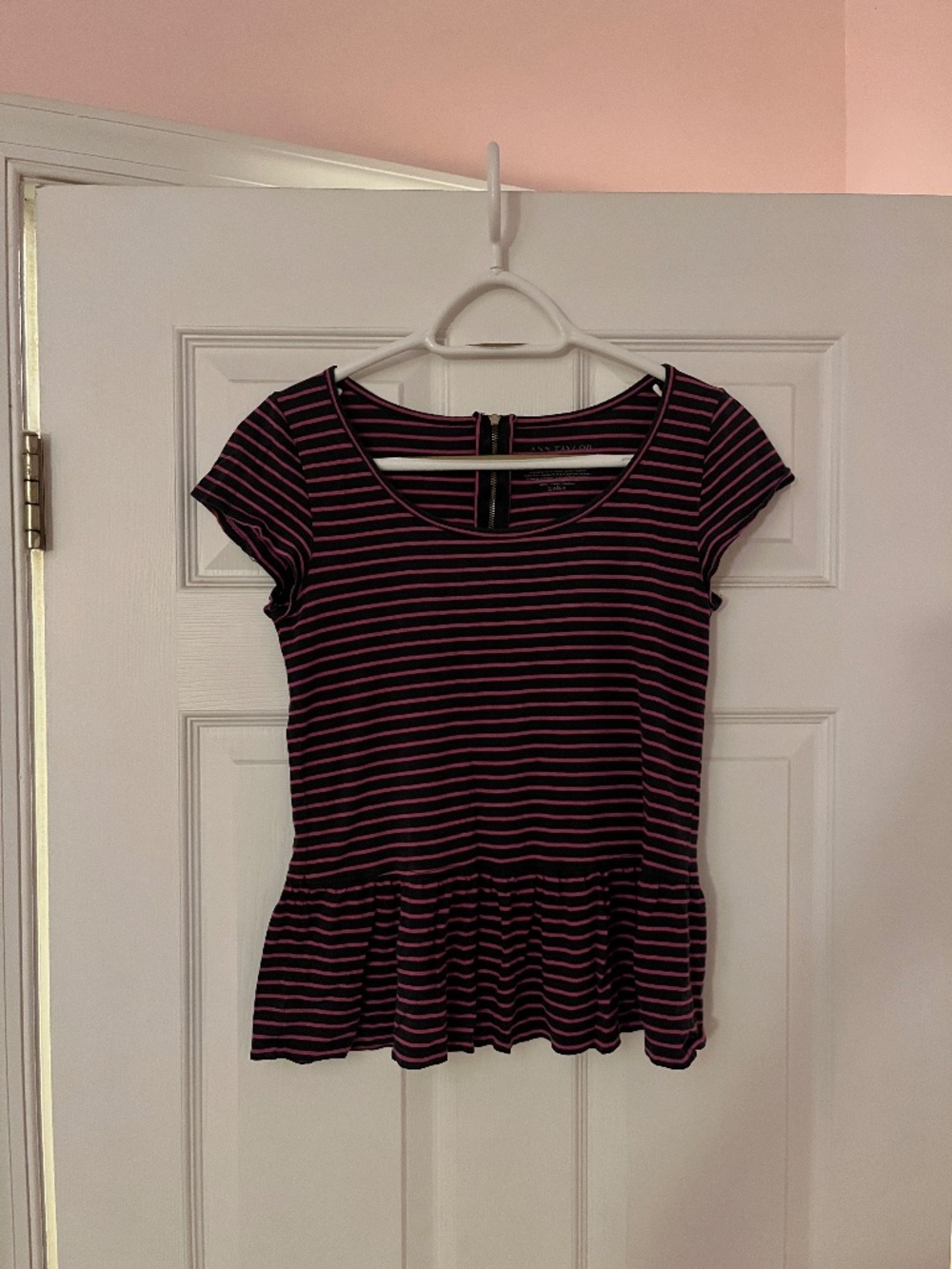 Ann Taylor Peplum Shirt Striped Pink and Navy